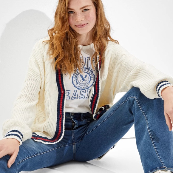 American Eagle Sz M Oversized Cable Knit Button-Up Cardigan Navy, Red & White - Picture 4 of 12